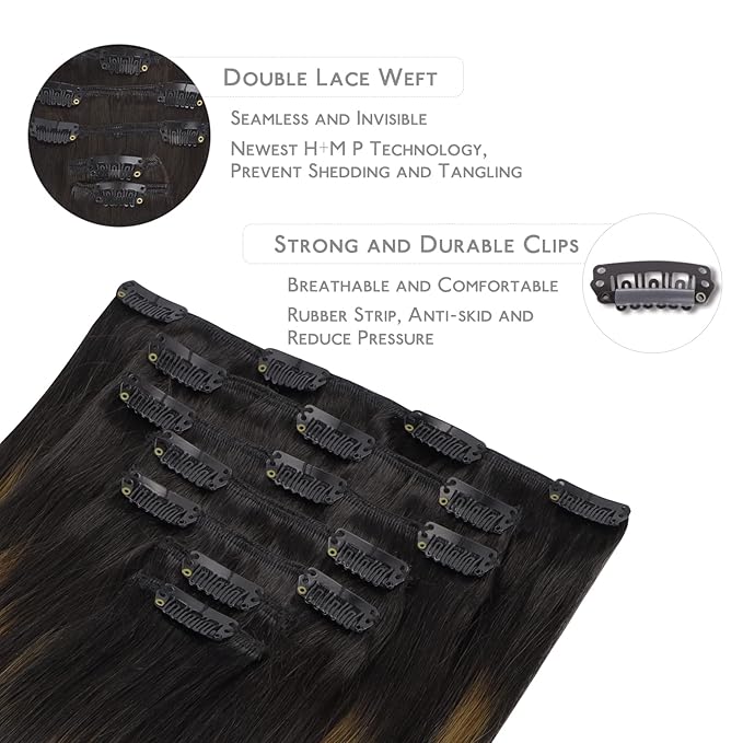 WENNALIFE Human Hair Extensions, 22 Inch 120g 7pcs Natural Black to Chestnut Brown Balayage Clip in Remy Hair Extensions, Double Weft Real Human Hair