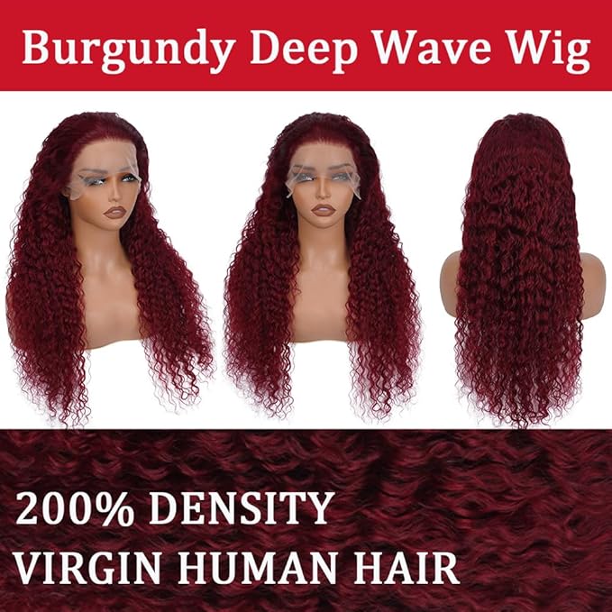 18 Inch Burgundy Deep Wave Lace Front Wigs Human Hair 13x6 HD Frontal Human Hair Red Curly Lace Front Pre Plucked Burgundy Deep Curly Wigs For Black Women 200 Density