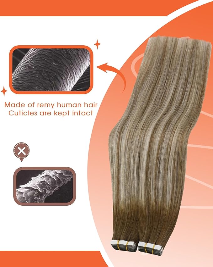 Sunny Hair Tape in Hair Extensions Real Human Hair Invisible Remy Hair Extensions Tape ins for Women Medium Brown Ombre PLatinum Blonde Balayage 20 inch 25G