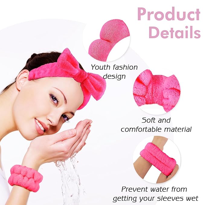 Zkptops 6Pcs Spa Headband for Washing Face Wristbands Set Women Bubble Skincare Makeup Sponge Terry Cloth Padded Puffy Headband Bow Tie Hairband Cute Non Slip Thick Hair Accessory Gifts (Rosy Red)