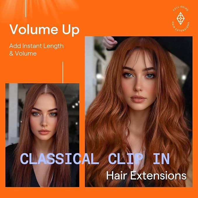 Full Shine Copper Real Hair Clip in Extensions Copper Red Clip in Hair Extensions for Women Short Hair 12 Inch 95 G 7 Pcs
