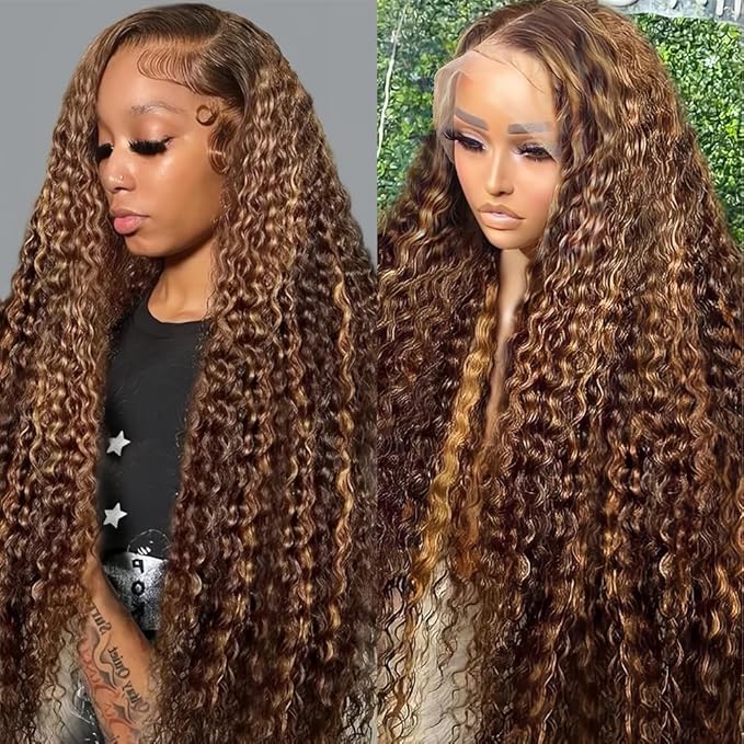 20 Inch Highlight Ombre Deep Wave Lace Front Wigs Human Hair Wig 13x6 Honey Blonde Wig Human Hair HD Glueless Deep Wave Wig 4/27 Colored Wet and Wavy Curly Wig Pre Plucked for Women