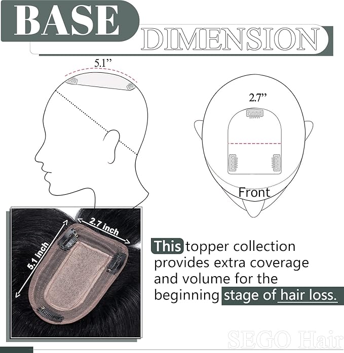 SEGO Hair Toppers for Women Real Human Hair with Thinning Hair, Toppers Hair Pieces Clip in Toppers Straight Hair Pieces with Front Bangs 150% Density Silk Base -8 Inch #1 Jet Black