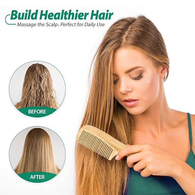 5 Pcs Natural Handmade Bamboo Anti-Static Combs Set - Wide Tooth, Rat Tail and Fine Tooth for Long, Short, Thick, Thin, Wavy or Curly Hair Detangling (Natural)