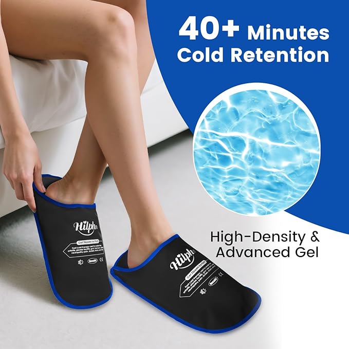 Hilph Foot Ice Pack Slippers for Plantar Fasciitis, 2 Packs - Reusable Hot & Cold Packs, Gel Ice Slippers for Foot, Broken Toes, Gout, Surgery, Neuropathy, Diabetic, Swollen, Black