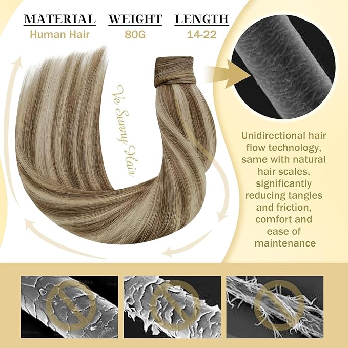 Ve Sunny Hair Extensions Ponytail Real Human Hair Wrap Around Clip in Ponytail Hair Extensions Straight Extensions Human Hair for Women Light Brown Highlights Platinum Blonde 20inch 80G