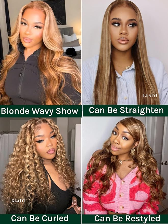 KLAIYI Bye Bye Knots Glueless Wig Highlight Blonde Body Wave Pre Cut 7x5 HD Lace Front Wigs Human Hair Pre Plucked Pre Bleached Pre Everything Wear and Go Wig 12A Ombre Brown 30S Ready To Wear 16Inch