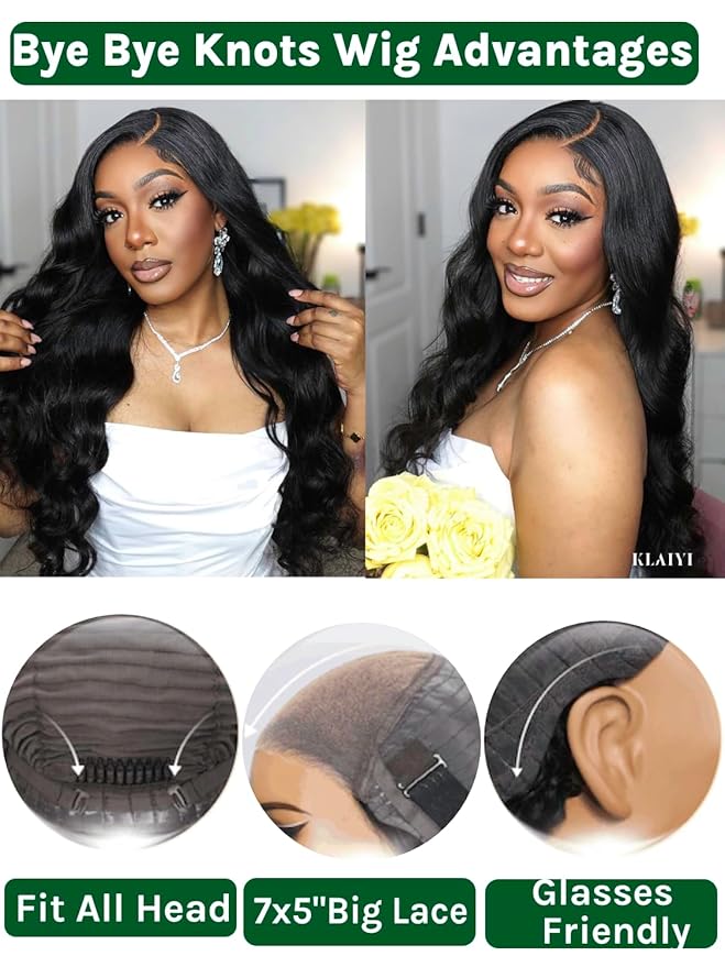 KLAIYI Body Wave Bye Bye Knots Glueless Wig 7x5 Pre Cut Lace Front Wigs Human Hair Wear and Go Wigs for Beginners Pre Bleached Pre Plucked Pre Everything 3S Easy to Ready to Wear Loose Wave Wig 24Inch