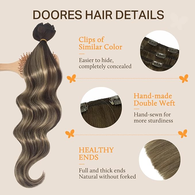 DOORES Clip in Hair Extensions Real Human Hair, Balayage Chocolate Brown to Honey Blonde 24 Inch 7pcs 120g, Human Hair Extensions Clip ins Remy Natural Hair Extensions Thick Straight Hair