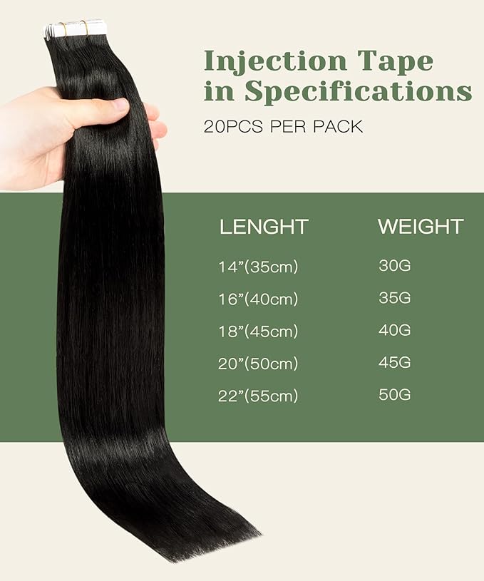 SURNEL Injected Tape in Extensions Human Hair 18 Inch Natural Black Seamless Remy Invisible Tape in Extensions 20 Pcs 40g(#1B,18)