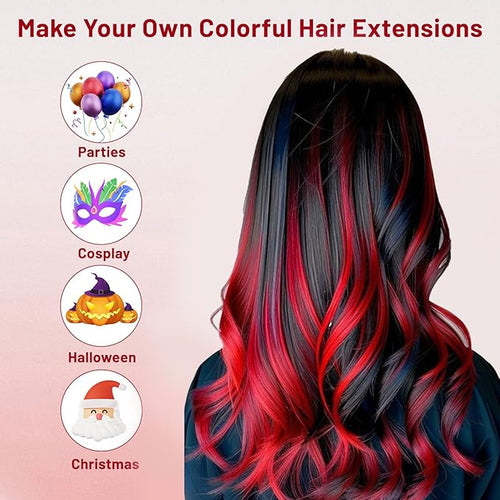 16 Pcs Colored Hair Extensions Curly Wavy Clip in Synthetic Hairpiece Streak for Girls Women Kids,Colorful Party Highlights Christmas New Year Cosplay Festival Gift(Red)