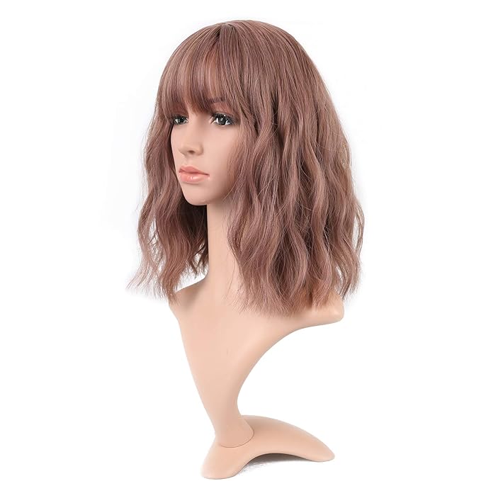 FAELBATY Brown Wig With Bangs Synthetic Cosplay Bob Wig loose wave Wig for women Costume Wigs (12" Dark Purple Color)