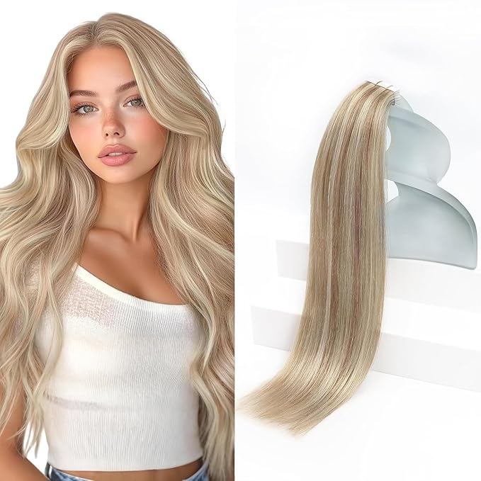 Sunny Hair Blonde Tape in Hair Extensions Human Hair Ash Blonde Highlight Bleach Blonde Hair Extensions Tape in 22 Inch Remy Tape in Txtensions for Women Wedding 20Pcs 50g