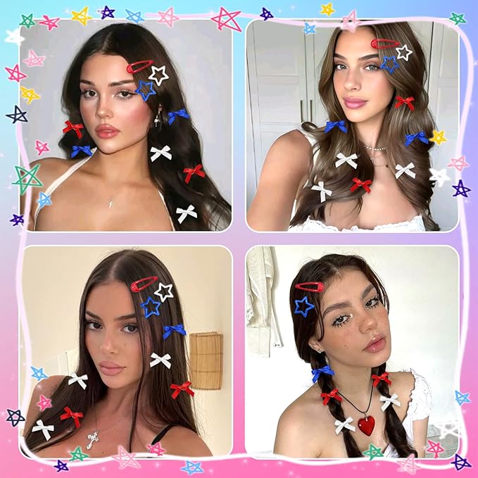 36Pcs 4th of July Red Blue White Bow Hair Clips Cheer Star Snap Hair Barrettes Water Drop No Slip Hair Clips for Women Small Hair Bows Star Bowknot Hair Accessories for Girls
