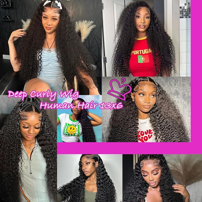 Deep Wave Lace Frontal Wigs Human Hair Pre Plucked Wet and Wavy 13X6 Lace Front Wigs Human Hair Glueless Brazilian Natural Black Deep Curly Wigs for Black Women 210% Density 18Inch