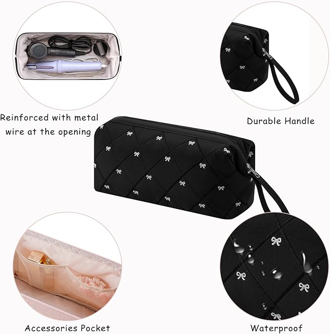 Large Quilted Hair Tools Travel Bag with Bow Pattern,Waterproof Hair Styling Accessories Storage Case for Shark FlexStyle, Dyson Airwrap Hair Dryer, Curling Iron, Revlon Hair Tools(Black)