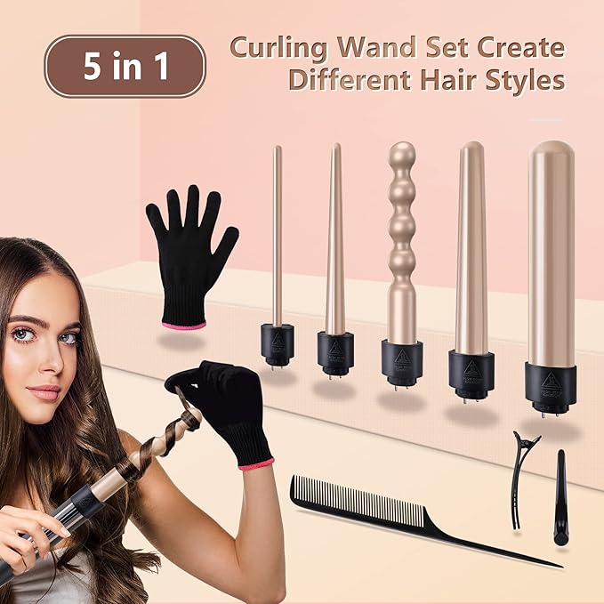 5-in-1 Interchangeable Curling Iron Set - Instant Heat-Up, Ceramic Wands (0.35-1.25 Inch), Beach Waver for Short and Long Hair Styling