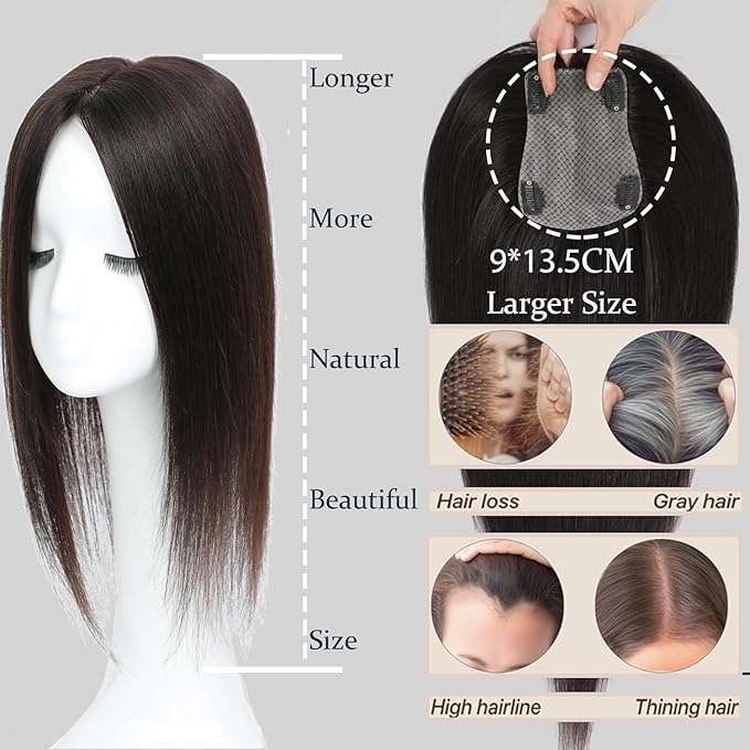 Hair Toppers for Women Real Human Hair, 360° 3D Human with Thinning Upgrade Middle Part Clip in Bangs Topper Hair Pieces for Women Daily(Medium Dark Brown, 18 Inch-3D-Side)