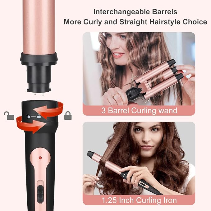 Wand Curling Iron Hair Crimper, Emocci Pro Large 3 Barrel (0.35"-1.25" Ceramic Barrel) Hair Crimper for Women Beach Waves Instant Heat Hair Waver Set for Long Hair Curlers 5-in-1 Curling Wand Set