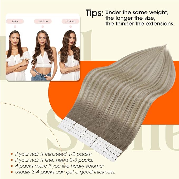Full Shine Balayage Tape in Hair Extensions Color 19 Grey Fading to 8 Ash Brown And 60 Blonde Seamless Skin Weft Tape in Human Hair 50 Gram Straight Hair Extensions Real Human Hair 20 Pcs 16 Inch