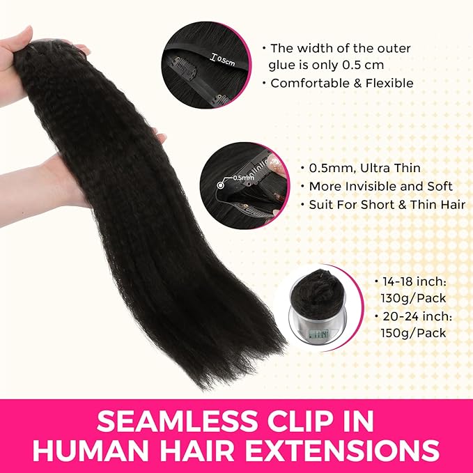 Lashey Clip in Hair Extensions Kinky Straight Seamless Hair Extensions Clip in for Women 9pcs 130g Natural Black Real Human Hair with Ultra PU weft 16 Inch