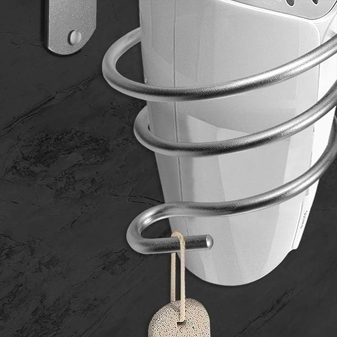 Stainless Steel Wall Mounted Hair Dryer Holder, Spiral Shelf - Self-Adhesive, Silver