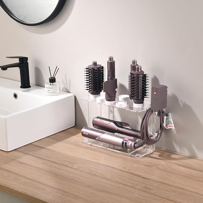 Hair Tool Holder for Dyson Airwrap, Acrylic Double-Layer Storage Holder, Hair dryer Stand Wall Mounted or Desktop, Shark Hair Dryer Holder for Dyson & Shark Attachments, Transparent
