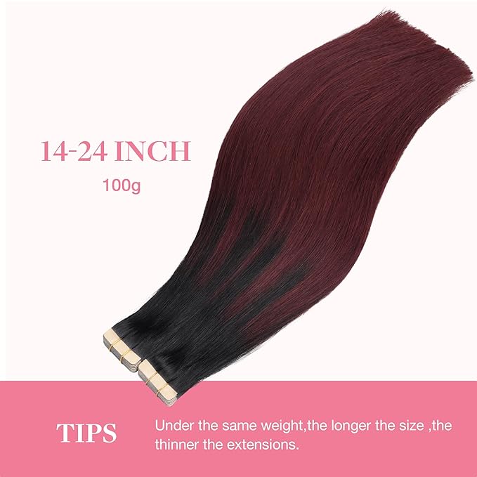 GOO GOO Tape in Hair Extensions Human Hair, 1/99 Balayage Jet Black to Red, 14inch 100g 40pcs, Skin Weft Seamless Invisible, Silky Straight with Thick Ends, Remy Human Hair