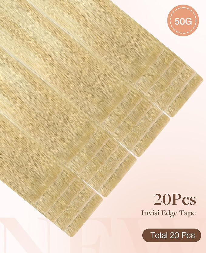 GOO GOO Invisi Edge Tape in Hair Extensions Human Hair, 18AT60A Pearl Ash Blonde Highlights 20pcs 24inch 50g, Virgin Remy Hair, Seamless Injected Tape, Natural Look
