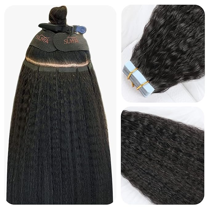 SUYYA Tape in Hair Extensions Human Hair Kinky Straight Tape in Extensions Natural Black 20 Inch Skin Weft 50g/Pack 20PCS Tape INS for Women (#1B Natural Black)