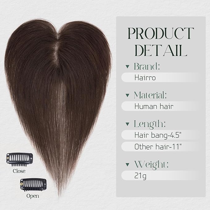 Hairro Human Hair Toppers For Women Lace Base Remy Topper Hair Pieces No Bangs Clip On Topper Handmade Wiglet Hair Extensions For Hair Loss 11 Inches 21g #02 Dark Brown