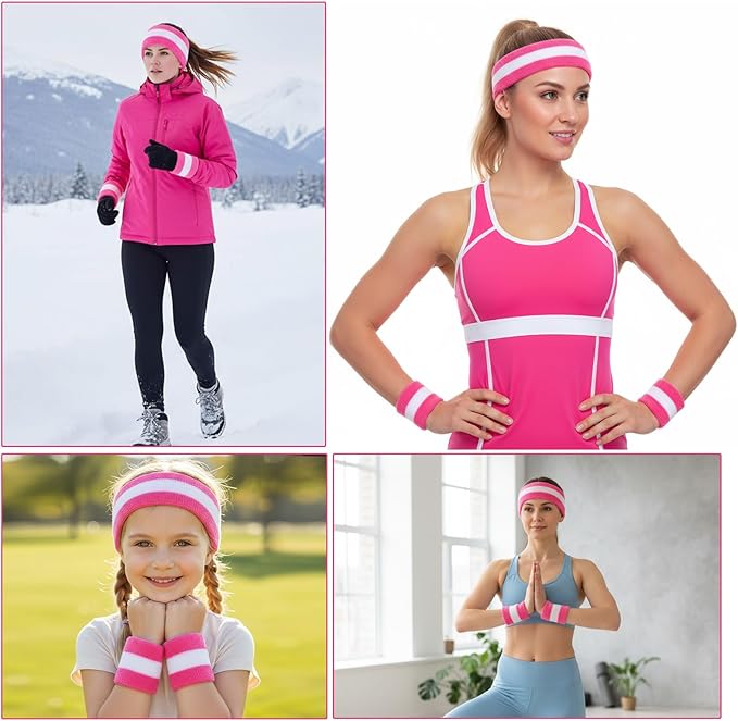 3 Pcs Sweat Band Set, 1 Pcs Headband and 2Pcs Wristbands, Pink Strips Sweatbands for Women Sports Fitness 80s Costumes Accessories(Pink)