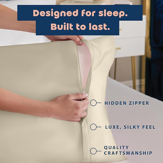 BLISSFORD Satin Pillowcase with Zipper, for Hair and Skin Care, Feels Soft and Cool Like a Silk Pillowcase, Satin Pillow Cases 2 Pack, Slik Pillow Cover, Champagne, Standard, Set of 2