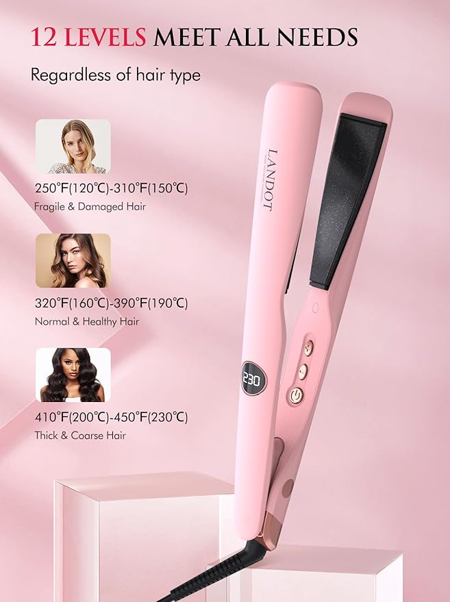 LANDOT 2-in-1 Hair Straightener and Curler - Upgrade Twist Flat Curling Iron for Sleek Straight, Bouncy Curls, Beach Waves, Tourmaline Ceramic, Dual Voltage, Adjust Temp 250-450°F for All Hair Types