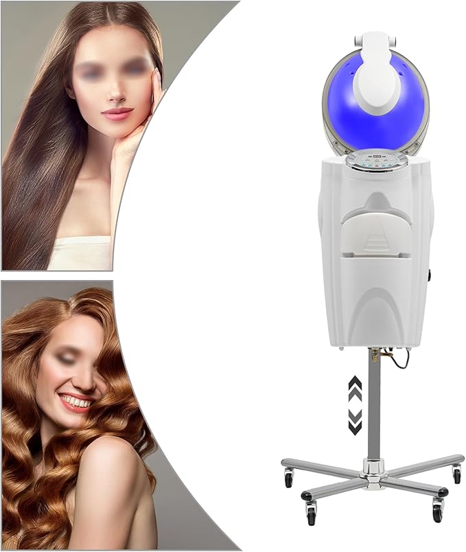 Professional Standing Hair Steamer for Salon & Home, 700W Ozone Steam Therapy with Light Scalp Care, Adjustable Height Hooded Dryer with 12 Light, Auto Shut-Off (White)