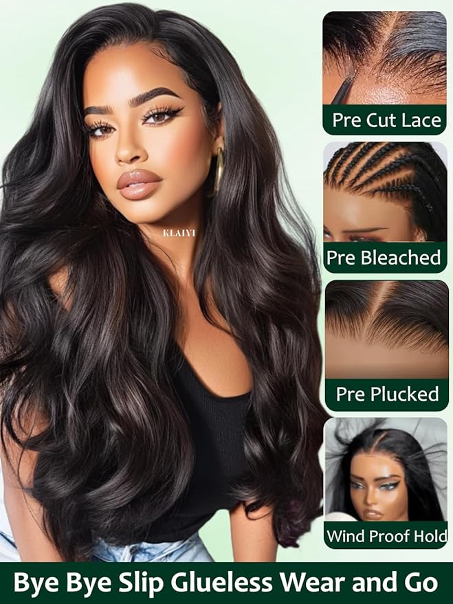 KLAIYI Bye Bye Slip™ Loose Body Wave Wig Layer Side Part 200% Density 7X5 Pre Cut Lace Front Wigs Human Hair Drawstring Glueless 30S Ready to Wear and Go Beginner Wig Pre Plucked Bleached Knots 10Inch