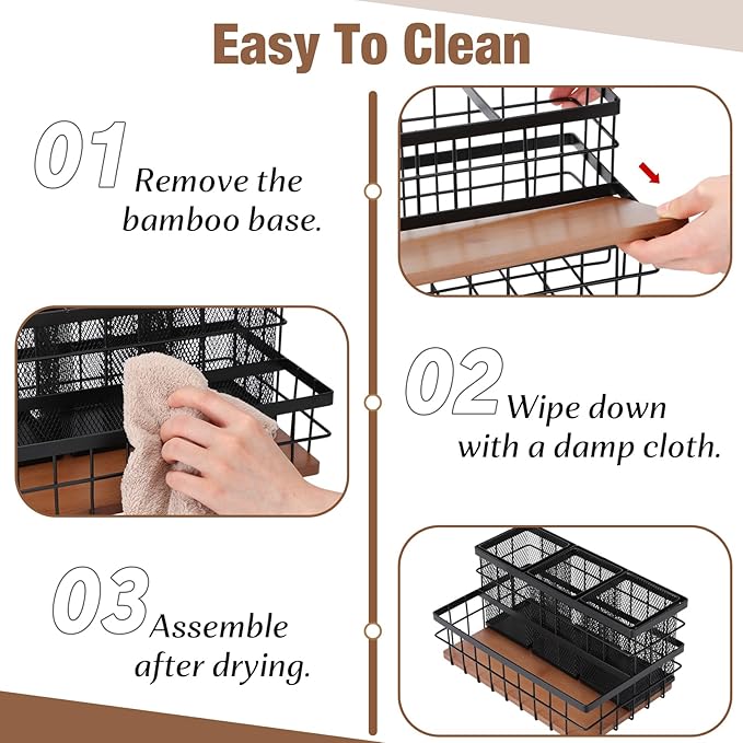 2 Pcs Hair Tool Organizer Countertop Breathable Metal & Bamboo Hot Tools Organizer Under Sink Bathroom Hair Dryer Holder Countertop Brush Comb Holder,Makeup Tray (Koa Wood,Black)