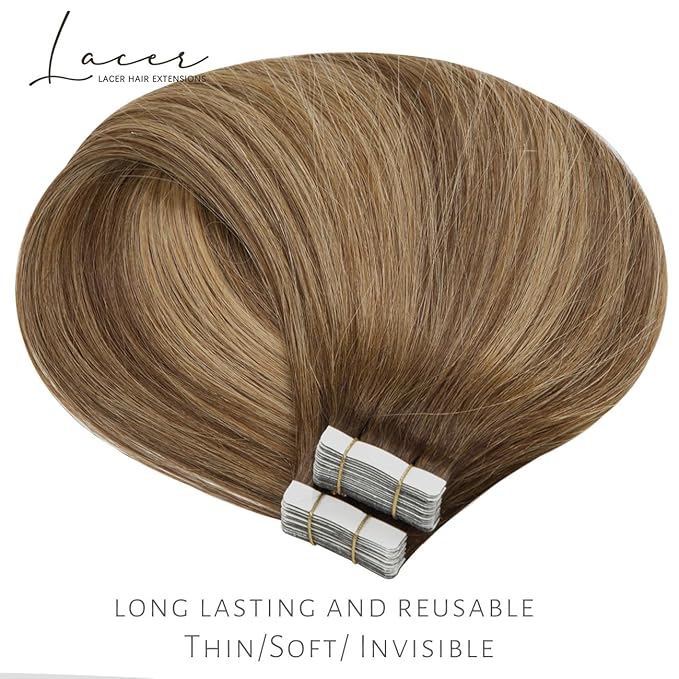 Lacer Tape in Hair Extensions Chocolate Brown to Dark Caramel Blonde Adhesive Tape in Hair Extensions Remy Human Hair 20 Pcs 50 Grams 22 Inch