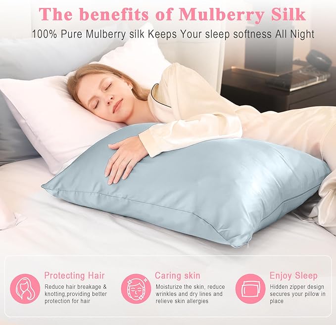 100% Pure Silk Pillowcase 2 Pack for Hair and Skin, Both Sides 23 Momme Grade 6A+ Mulberry Silk Pillowcases with Hidden Zipper, Soft&Smooth Cooling Pillow Cases (Ash Blue, Queen 20x30)