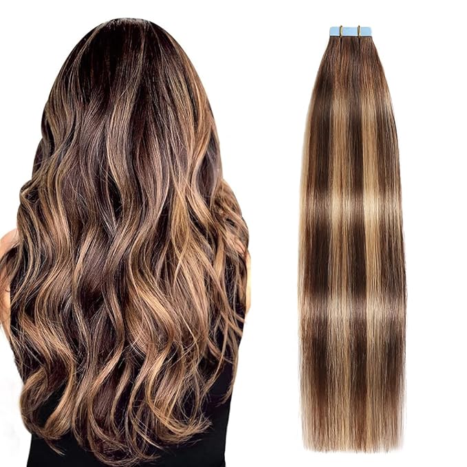 SUYYA Tape in Hair Extensions Human Hair Ombre Chocolate Brown to Caramel Blonde Remy Hair 16 inches 20pcs 40g/pack Straight Seamless Skin Weft Tape in Human Hair Balayage(16 inch #P4/27/T4)