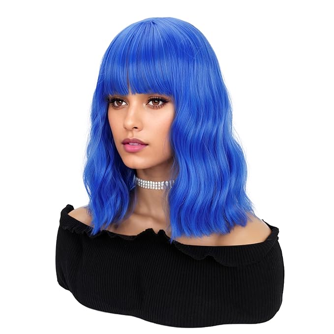 FAELBATY Bright Blue Short Wavy Wig Short Dark Blue Wigs With Air Bangs Shoulder Length Wig For Women Curly Wavy Synthetic Wig Halloween Cosplay Wig for Girls Costume Wigs (12" Bright Blue)