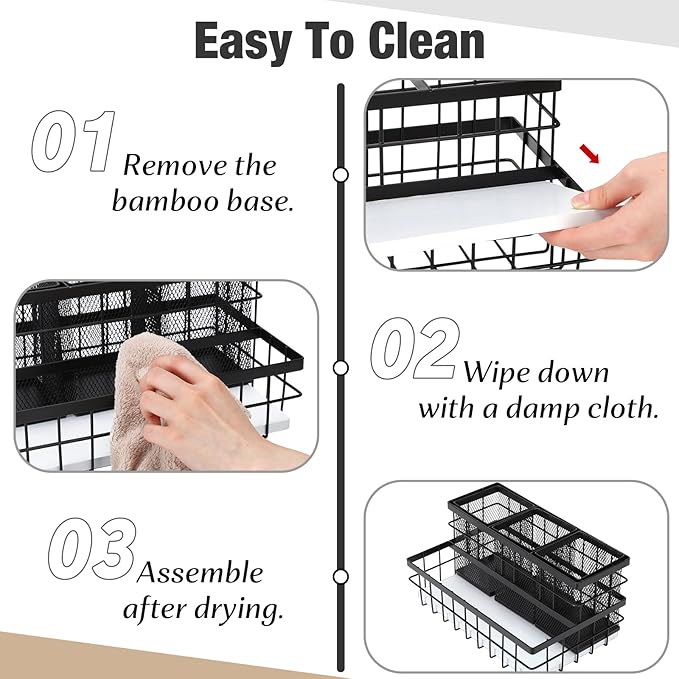 2 Pcs Hair Tool Organizer Countertop Breathable Metal & Bamboo Hot Tools Organizer Under Sink Bathroom Hair Dryer Holder Countertop Brush Comb Holder,makeup tray (White Bamboo,Black)