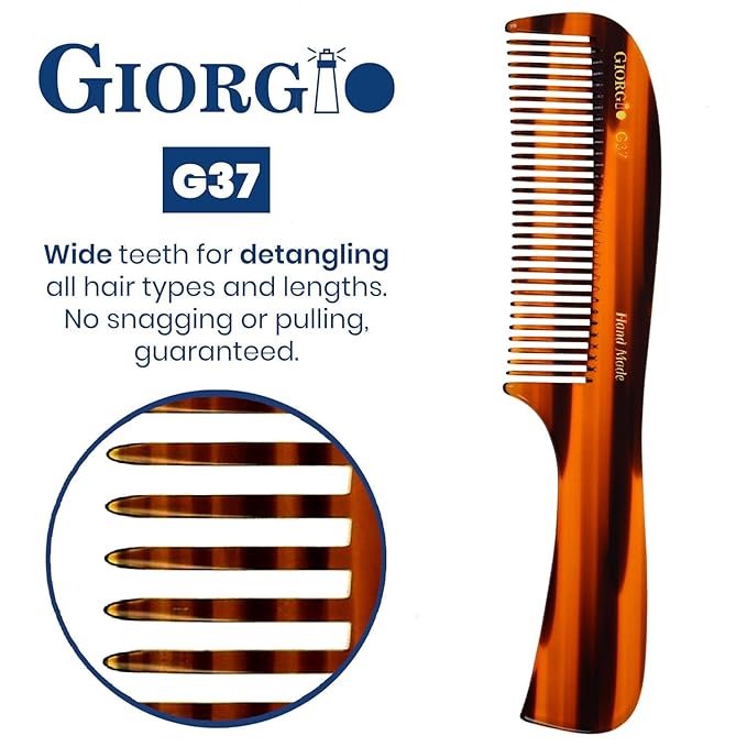 Giorgio G37 Large Coarse Detangler Comb, Wide Teeth for Thick, Curly, or Wavy Hair – For Wet and Dry Use, Handmade Rake Saw-Cut from Polished Cellulose (Tortoiseshell)