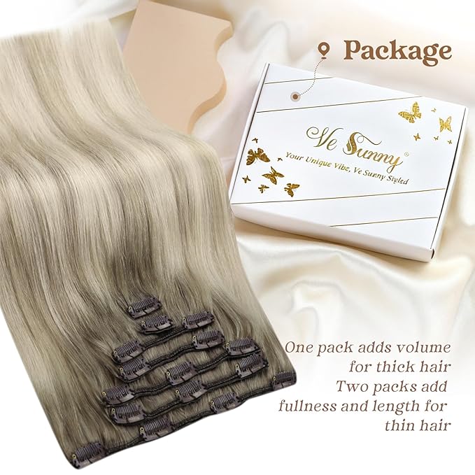 Ve Sunny 24 inch Clip in Hair Extensions Ash Grey Balayage Platinum Blonde Human Hair Clip in Extensions Straight Ombre Full Head Hair Remy Human Hair 7pcs 120g
