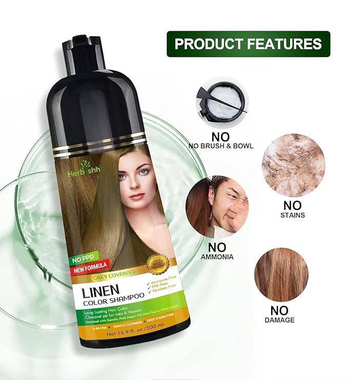 Herbishh Linen 3 In 1 Hair Dye Shampoo 16.9 Fl Oz & Argan Oil Mask 28.2 Fl Oz Combo - Champu Para Canas Mujer - Hair Dye Shampoo for Men & Women - Hair Mask For Moisturizer Dry, Damaged Hair