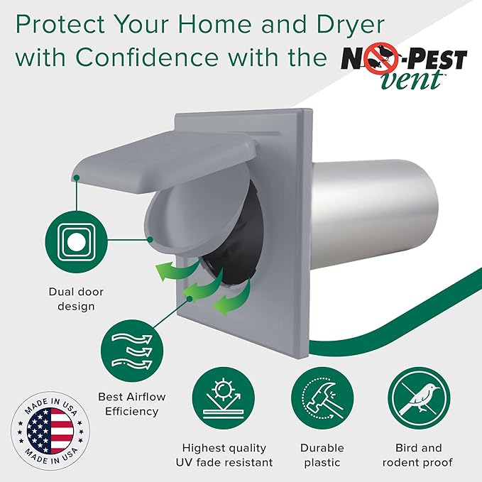 NO-PEST VENT, Exclusive Dual Door Dryer Vent Cover Outdoor 4 inch or Bathroom fan, Made in USA w Highest UV Resistant Plastic in any Outdoor Vent Cover (Slate Grey, 4 inch W/O Duct Tube)