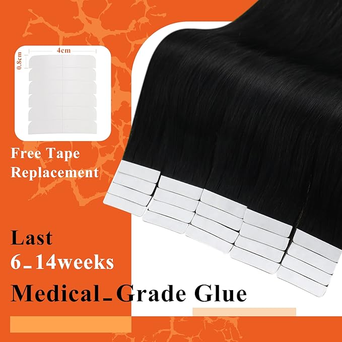 Full Shine Tape Hair Extensions Real Human Hair Color Jet Black Invisible Tape in Hair Extensions Human Hair 14Inch Soft Straight Human Hair Extensions Tape in 20Pcs 50Grams Add Volume