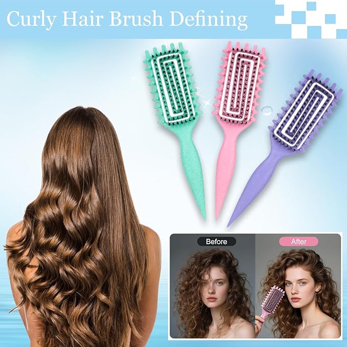 Curly Hair Brush,Curl Defining Brush plus 3 Pieces Hair Styling Comb Set(Slick Back Hair Brush,Rat Tail Comb,Edge Bristle Brush) Lightweight Vented for Combing, Shaping, Styling(Pink)