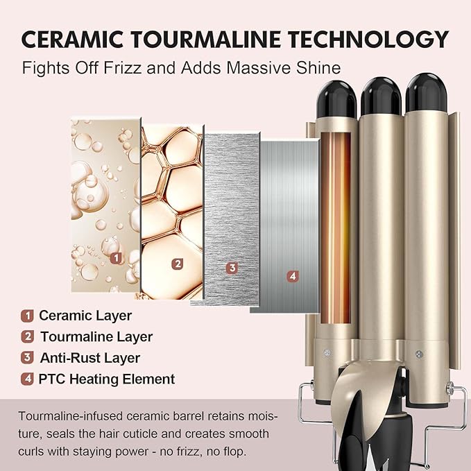 Hair Curler 0.86 Inch for SMALL CUTE WAVES, AIMERVO 22MM Triple Barrels Curling Wand Rod with LCD Display 15 Temp Control up to 450°F, Ceramic Tourmaline, 30S Heat-Up, Wavy Crimps for All Hair lengths