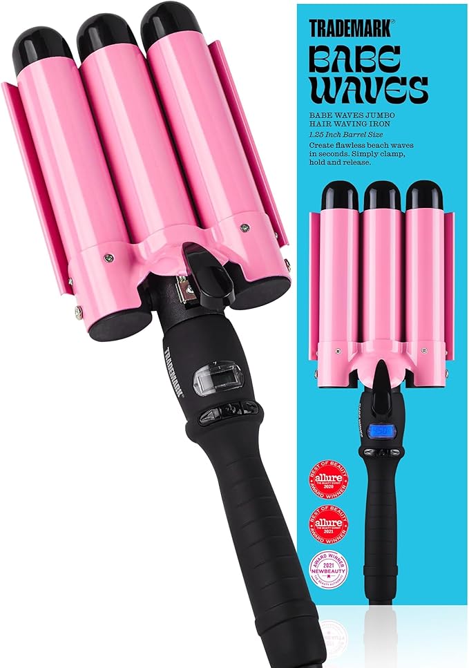 Trademark Beauty Three Barrel Hair Waver, Curling Iron, 1.25 Inch, Beach Waves, Adjustable Temperature Hair Curler, Babe Waves Jumbo - Pink